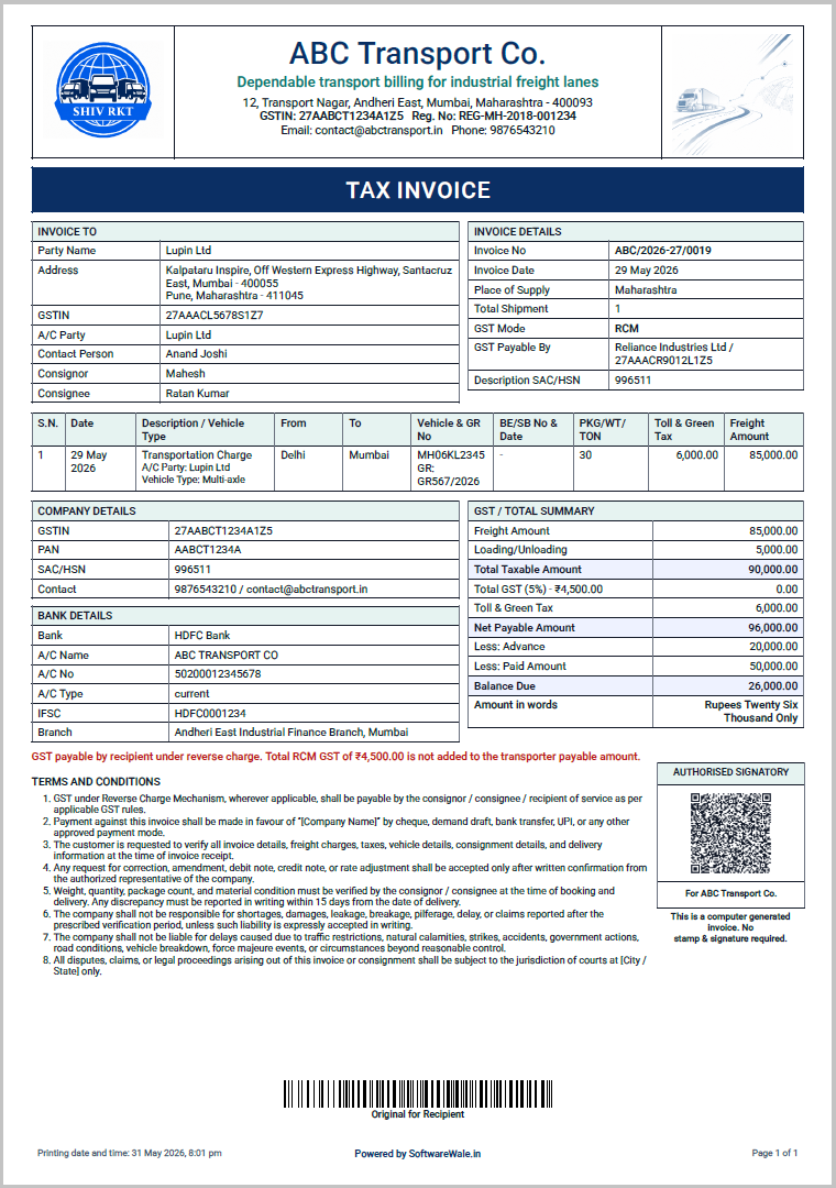 GST freight invoice PDF generated by SoftwareWale transport billing web app for Shiv R.K. Transport Co., Delhi