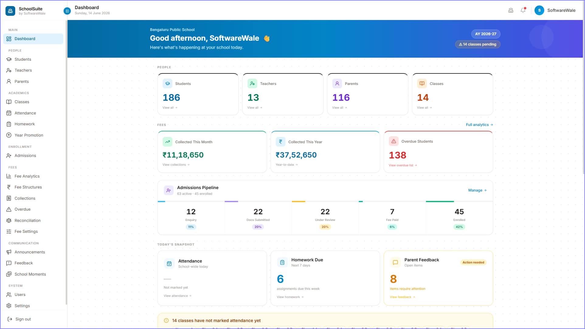 SchoolSuite admin dashboard — school management platform for Indian schools