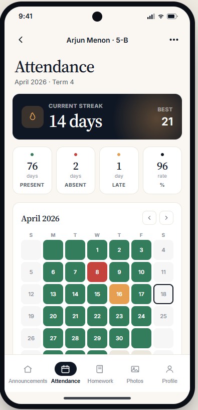 Digital attendance marking in SchoolSuite teacher app — class attendance screen on Android phone