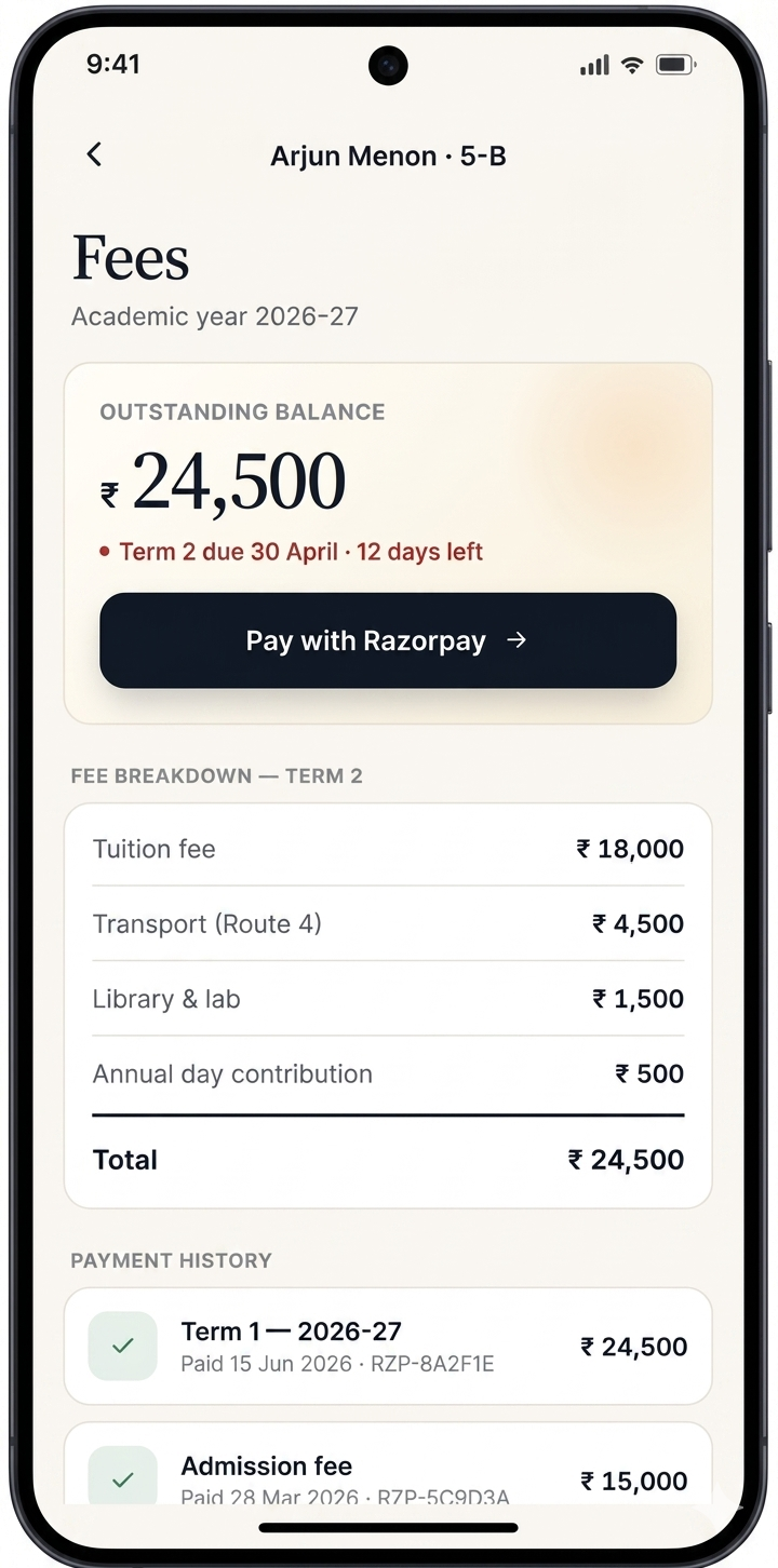 School fee management screen in SchoolSuite parent app — showing outstanding balance and due date