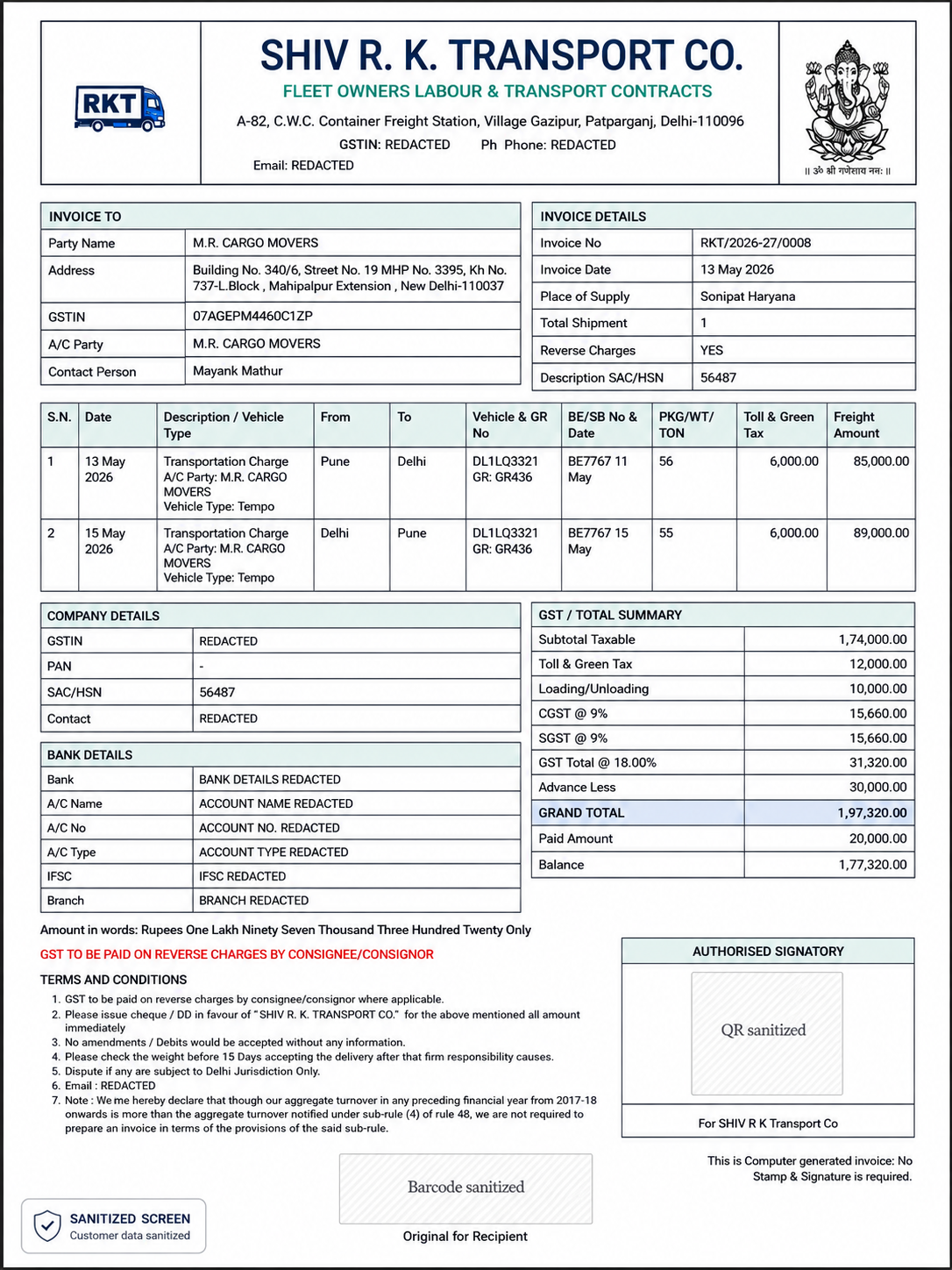 GST freight invoice generated by SoftwareWale transport billing software