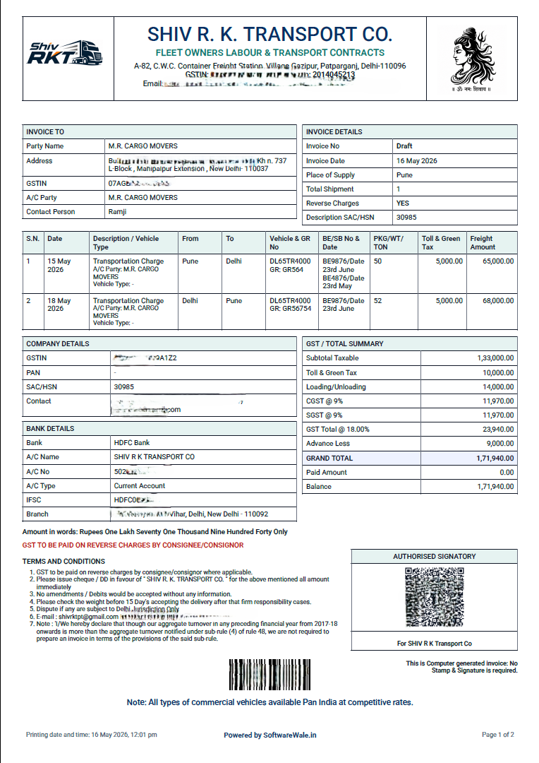 GST freight invoice PDF — Transport Logistic billing software by SoftwareWale