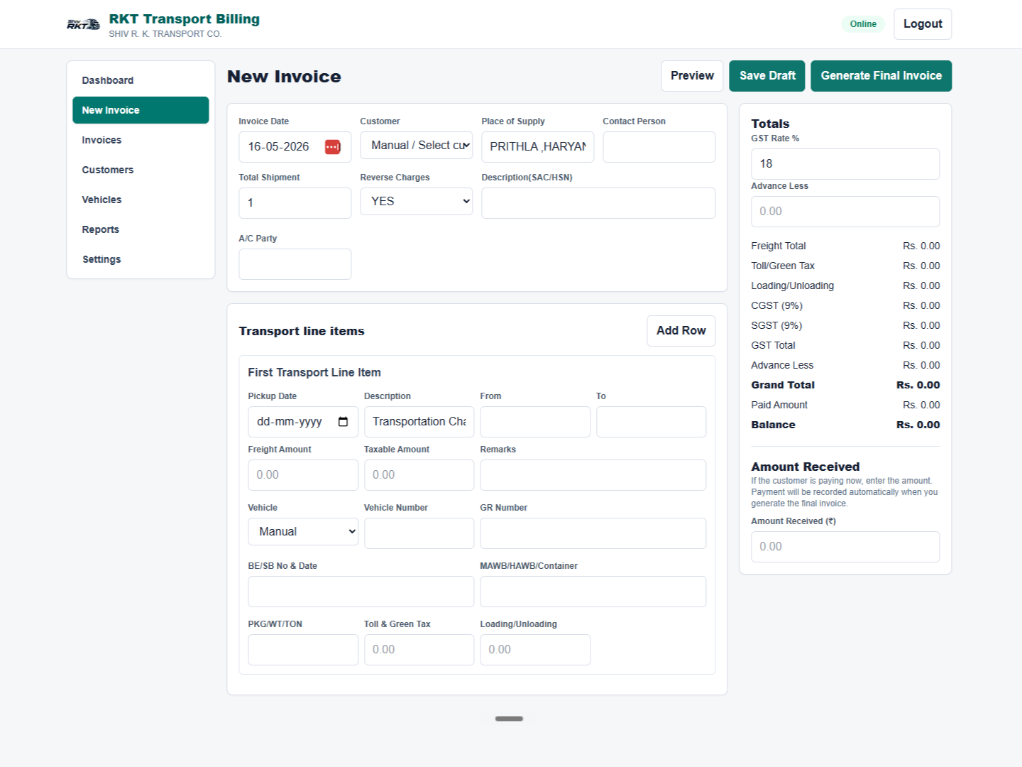 New invoice creation screen in Transport Logistic — showing all mandatory GTA invoice fields